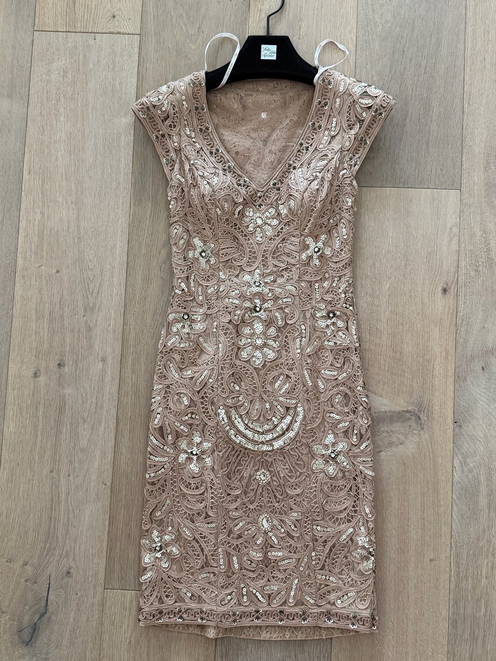 Sue Wong Blush Embellished Lace Midi Dress